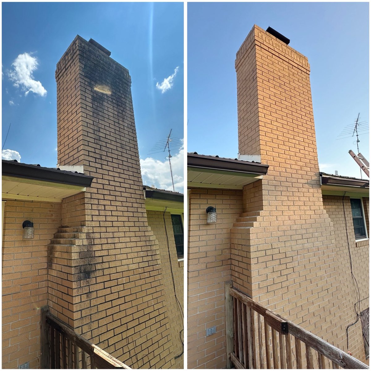 Before and after of a soot-stained brick chimney cleaned by Pistol