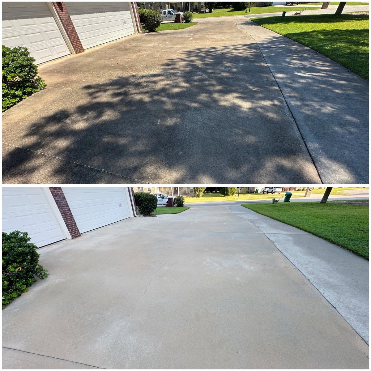 Before and after of a blackened driveway washed clean