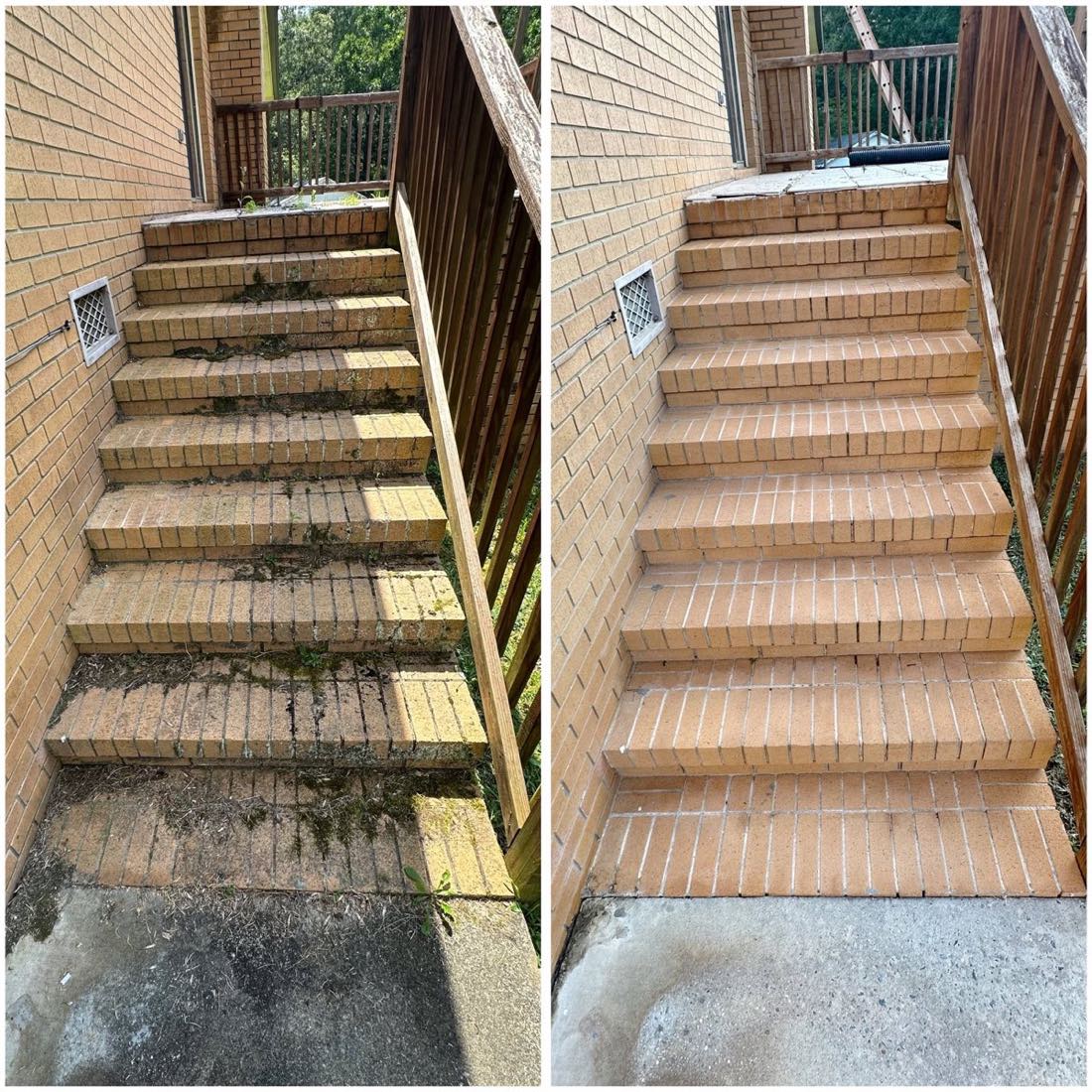 Before and after of mossy brick stairs restored