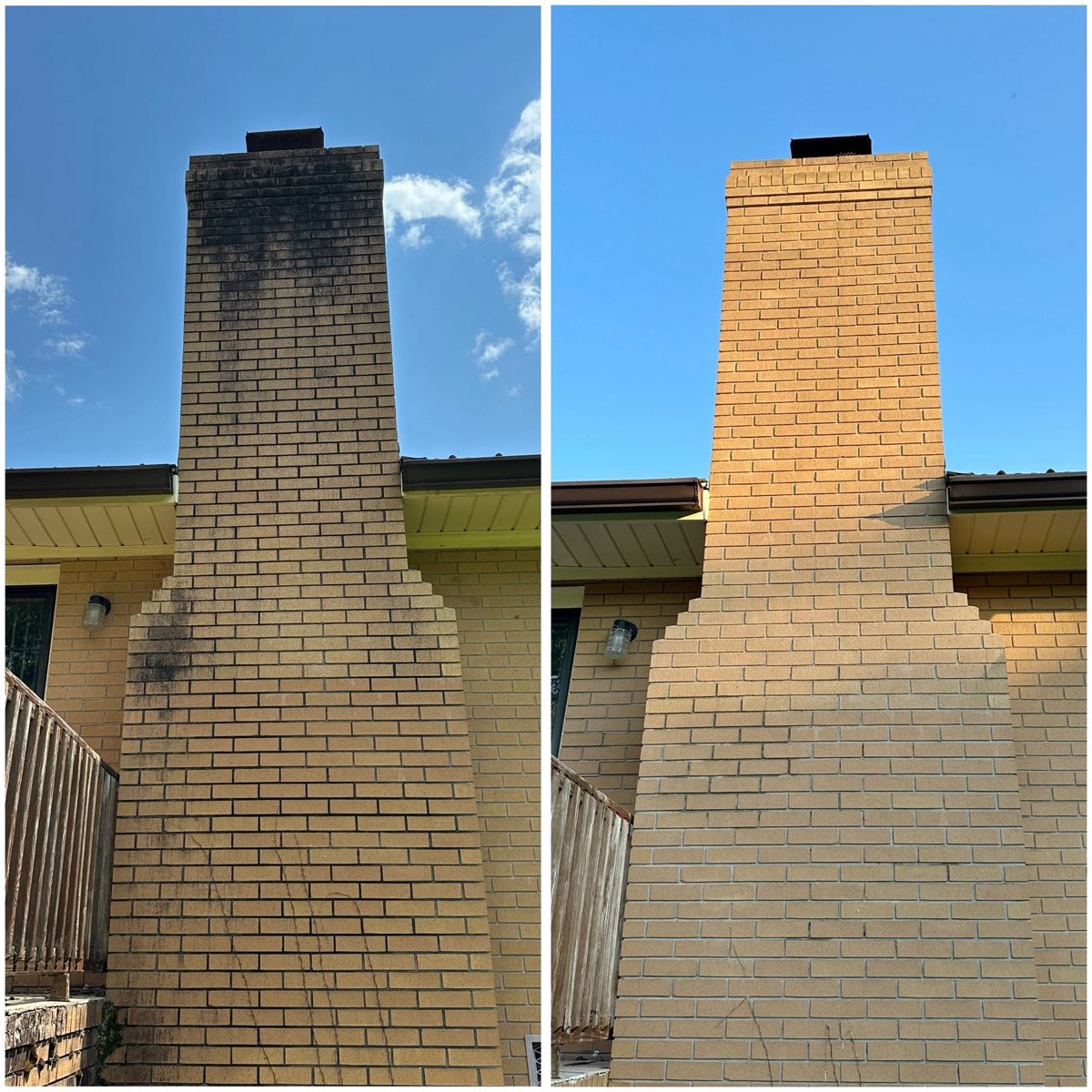 Before and after of a brick chimney cleaned of algae