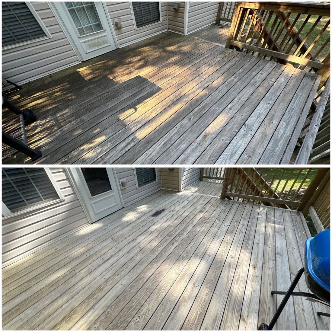 Before and after of a weathered wood deck washed bright