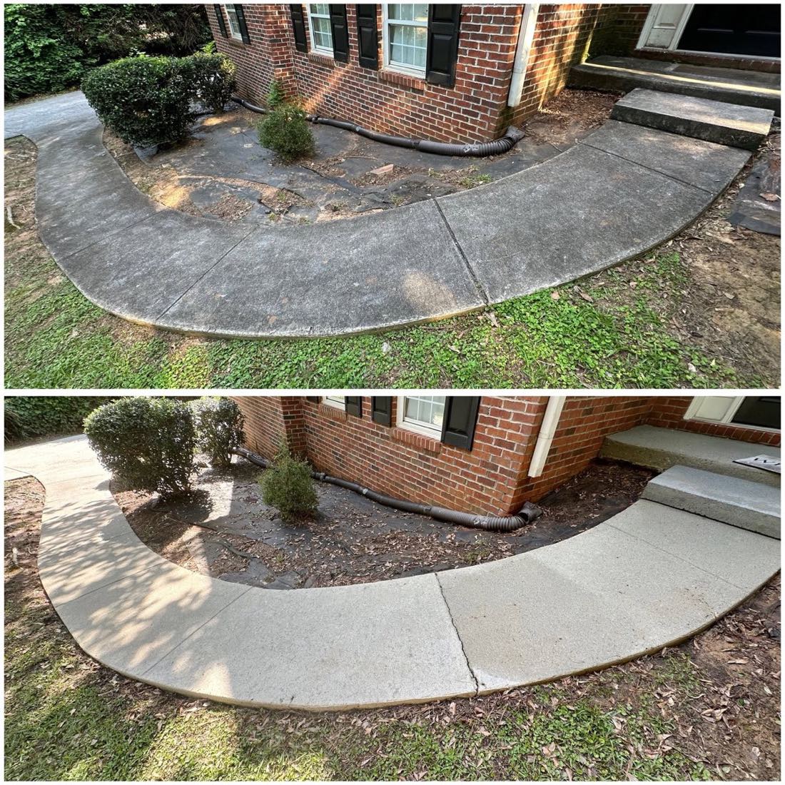 Before and after of a curved front walkway cleaned white
